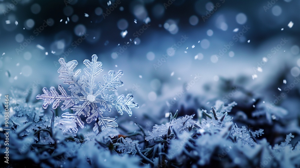 snowflake ice crystals snow falling on frozen ground and plants on a cold winter night snowflake ice crystals snow falling on frozen ground and plants on a cold winter night