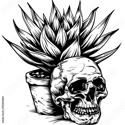 Skull with Succulent Flowers Vector Illustration