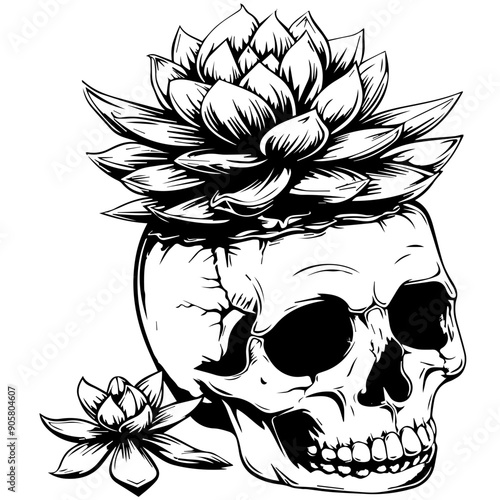 Skull with Succulent Flowers Vector Illustration
