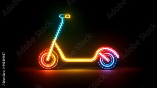 Glowing neon line Roller scooter for children icon isolated on black background. Kick scooter or balance bike. Vector
 photo