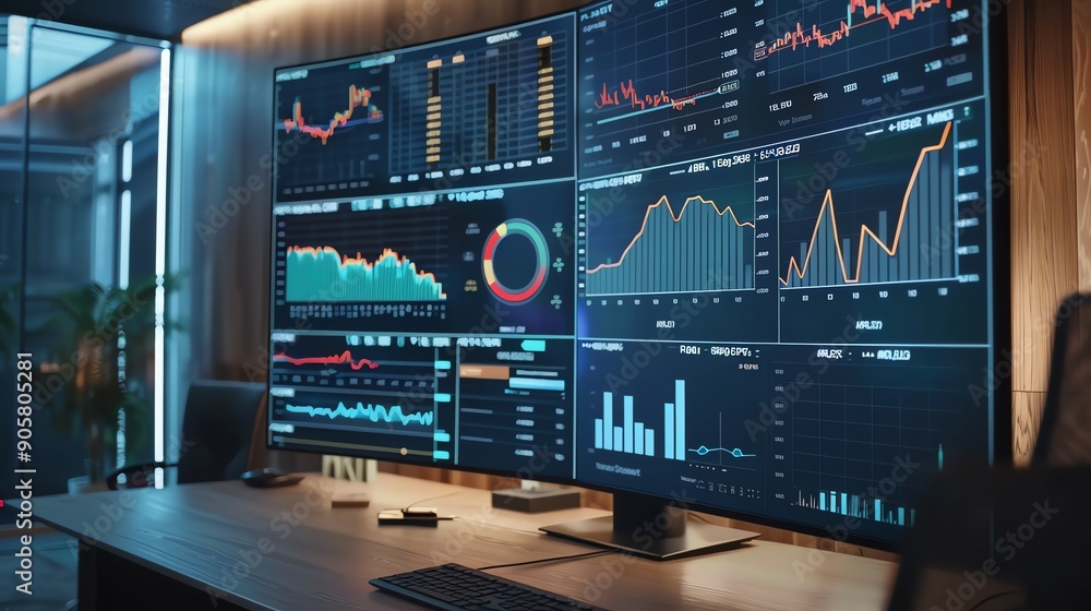 Two computer monitors displaying stock market data. Two computer monitors displaying stock market data.