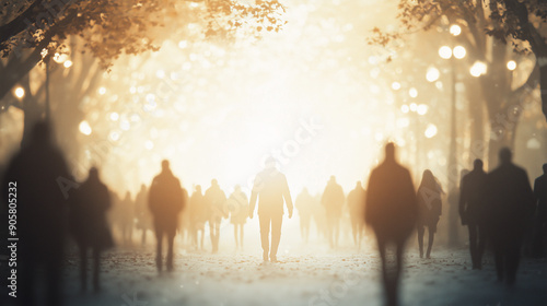 Silhouettes of people walking through a misty, tree-lined path under glowing lights, creating an ethereal and mysterious atmosphere suggestive of an early morning or late evening. photo