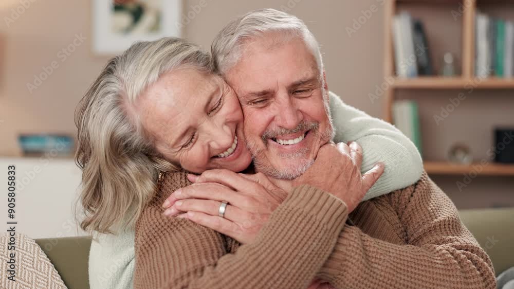 Senior couple, hug and kiss with care for relationship, retirement and marriage commitment in home. Happy, elderly man and woman with embrace on sofa for love bonding, support and loyalty with trust Senior couple, hug and kiss with care for relationship, retirement and marriage commitment in home. Happy, elderly man and woman with embrace on sofa for love bonding, support and loyalty with trust
