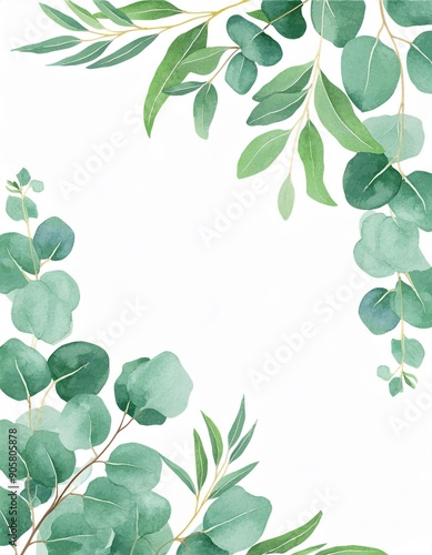 Watercolor green bouquet with eucalyptus leaves and branches. Greenery leaf hand-painted isolated. Can be used as being an element in the decorative design of invitation, wedding or greeting cards.