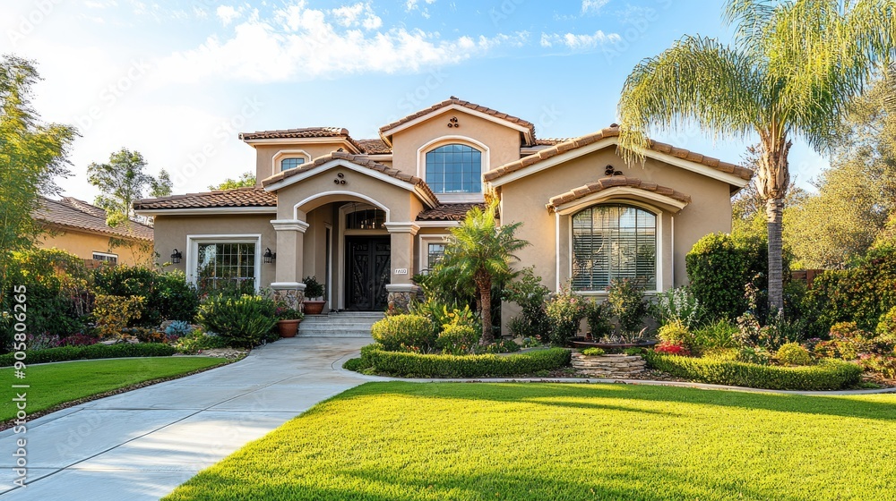 Naklejka premium Beautiful house with manicured front yard and ample copy space for marketing.