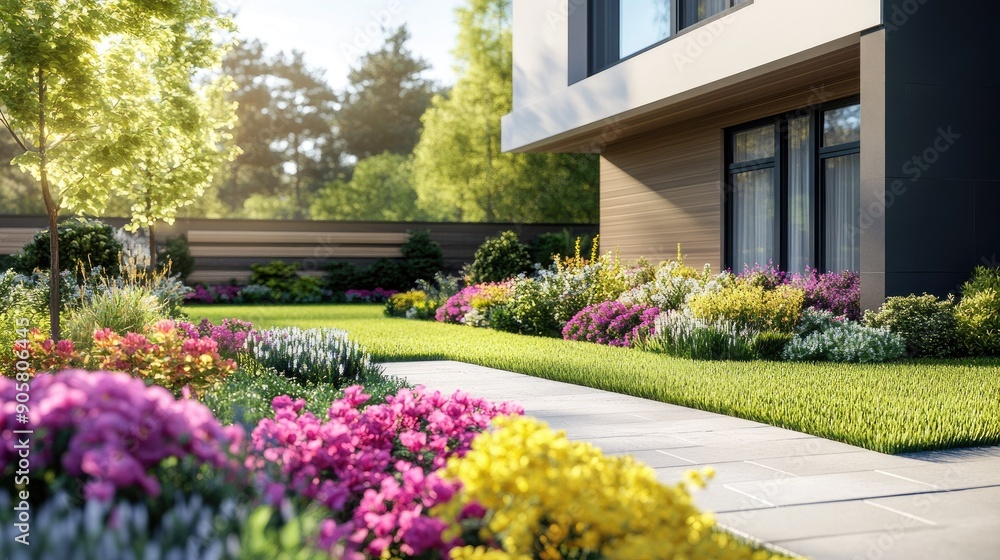 Obraz premium Colorful garden in front of a modern house, featuring blank space for copy.