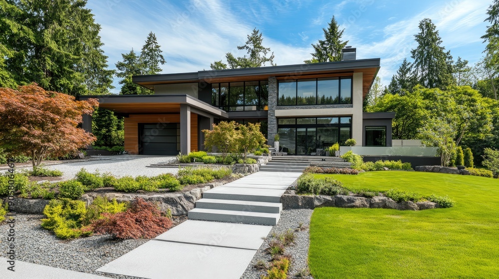Contemporary home with stylish landscaping and open space for copy or logo placement. Contemporary home with stylish landscaping and open space for copy or logo placement.
