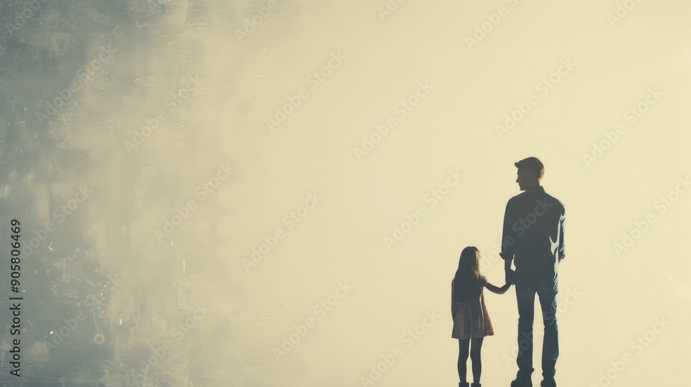 Man holding child's hand, both facing light source Man holding child's hand, both facing light source