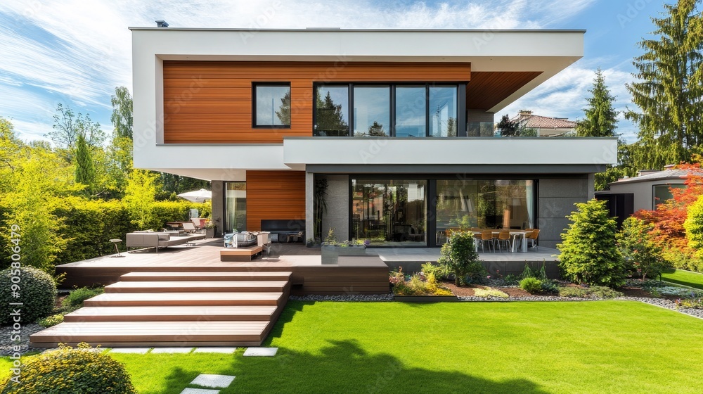 Contemporary home with stylish landscaping and open space for copy or logo placement. Contemporary home with stylish landscaping and open space for copy or logo placement.