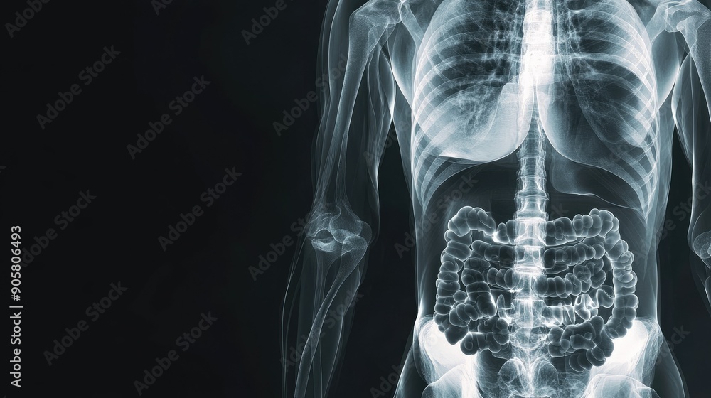 Detailed X-ray of the human abdomen, highlighting the digestive organs, with space for copy Detailed X-ray of the human abdomen, highlighting the digestive organs, with space for copy