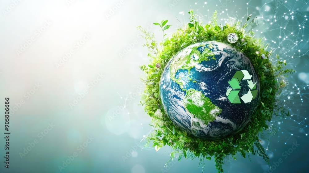 Earth with eco-friendly icons, representing sustainable living and open space for text. Earth with eco-friendly icons, representing sustainable living and open space for text.
