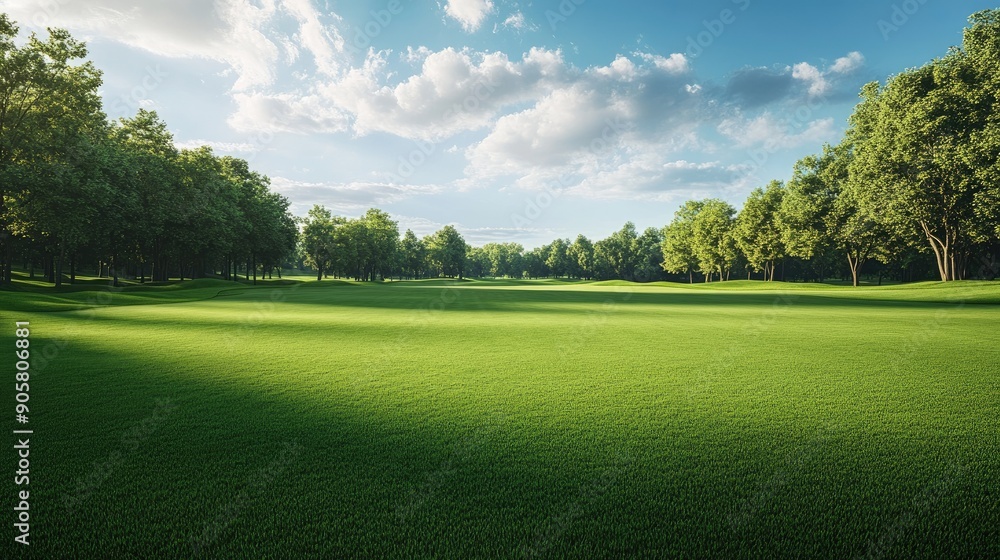 Fototapeta premium Empty golf course with a scenic view of the fairway, ample space for text.
