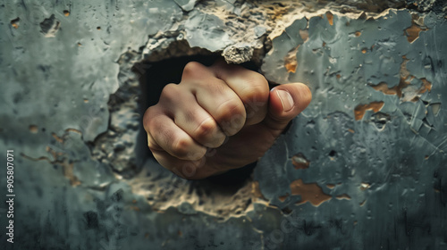 Through the hole in the wall you can see a tightly clenched fist, demonstrating its presence with determination and strength.