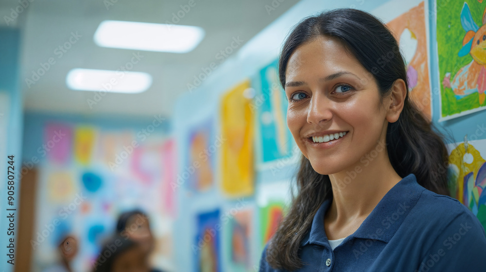 A smiling preschool teacher stands in a classroom adorned with children's artwork, portraying a nurturing educational environment and the celebration of creativity and individual expression. A smiling preschool teacher stands in a classroom adorned with children's artwork, portraying a nurturing educational environment and the celebration of creativity and individual expression.