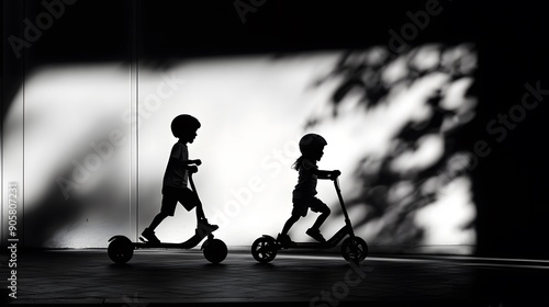 Silhouette Balance Bike for kids. This Boy practicing balance With a bicycle using a plowed leg is a bike without a spinning ladder.
 photo