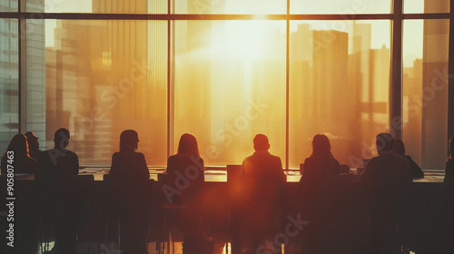 A group of business individuals seated at a conference table in an upscale office, looking out at large windows with a city view and sunset.