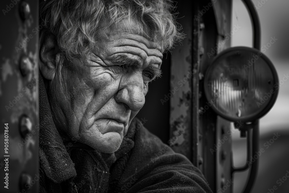 An older man with a weathered face looks thoughtfully out of a vehicle window. AI. An older man with a weathered face looks thoughtfully out of a vehicle window. AI.