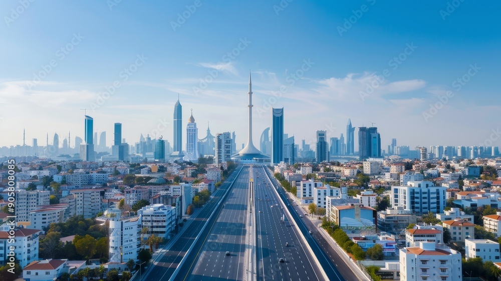 Obraz premium A lively metropolis with a grand mosque at its core, featuring modern buildings, busy streets, and a rich cultural scene