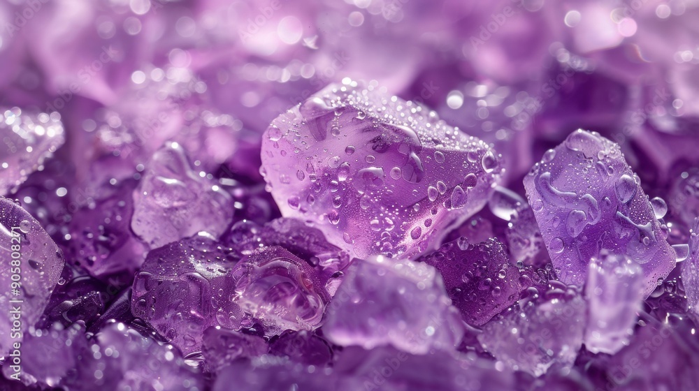 Purple crystals with water droplets. AI. Purple crystals with water droplets. AI.