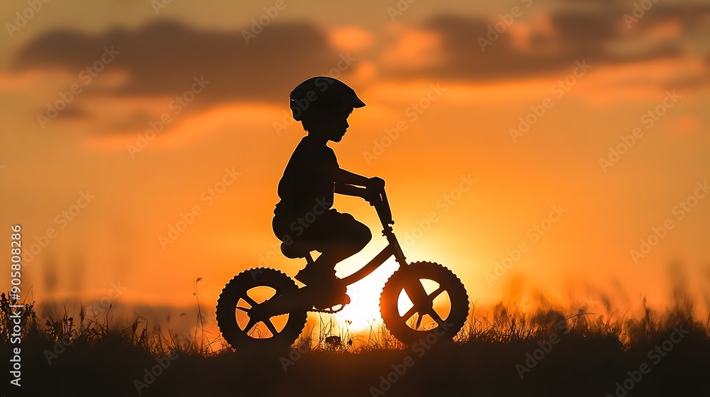 Silhouette Balance Bike for kids. This Boy practicing balance With a bicycle using a plowed leg is a bike without a spinning ladder.
Silhouette Balance Bike for kids. This Boy practicing balance With a bicycle using a plowed leg is a bike without a spinning ladder.