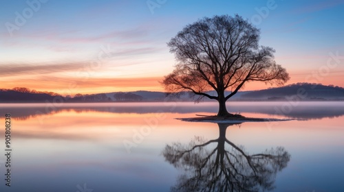 A Solitary Tree Reflecting in a Still Lake at Dawn