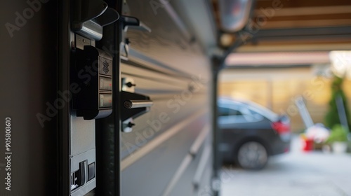 Close-up of Garage Door Opener Control Panel with Blurred Car in Background