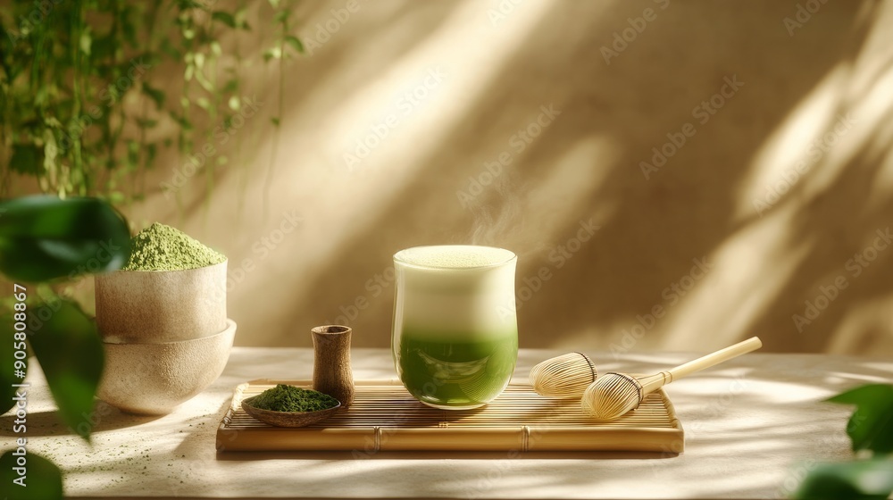 Japanese matcha accessories and a glass of matcha tea latte in a still life Japanese matcha accessories and a glass of matcha tea latte in a still life