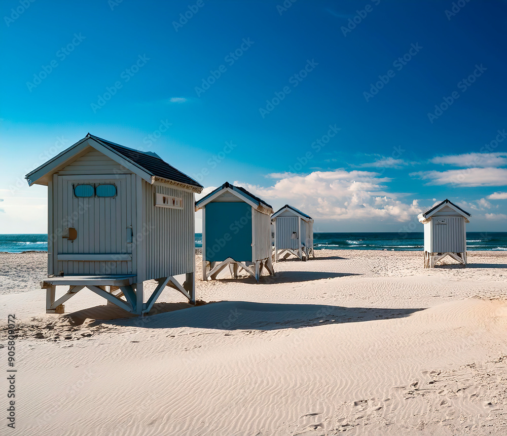 Picturesque bathing houses on a beautiful white sandy beach. Picturesque bathing houses on a beautiful white sandy beach.
