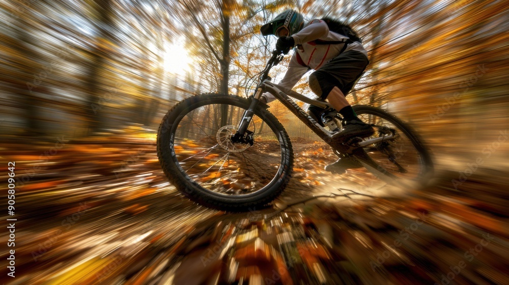 Fototapeta premium A mountain biker speeds through a forest path, leaves blurring in the motion. AI.