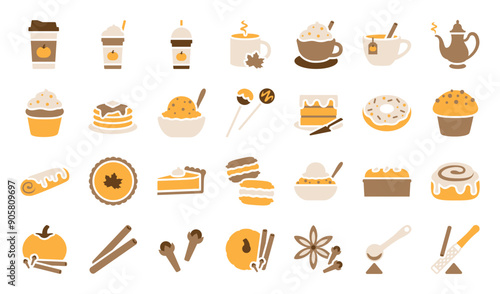 A set of pumpkin spice themed icons

