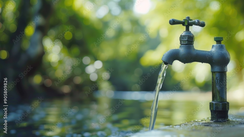 Water flows from outdoor faucet into natural stream surrounded by lush greenery Water flows from outdoor faucet into natural stream surrounded by lush greenery