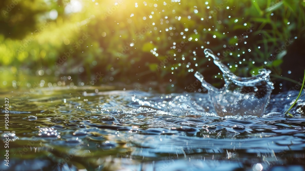 Water droplet splashing in serene green natural setting Water droplet splashing in serene green natural setting