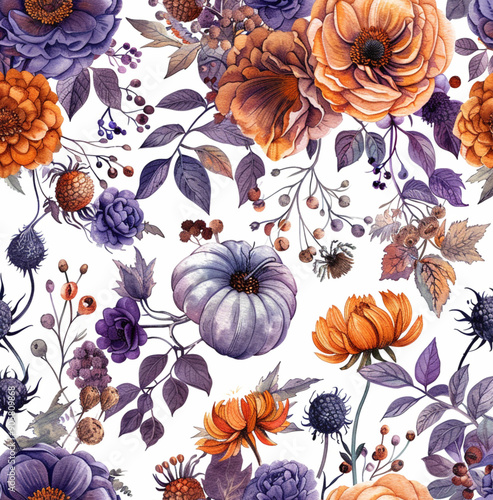 watercolor vinage flowers with  illustrations pattern, vintage colors of orange and purple  photo