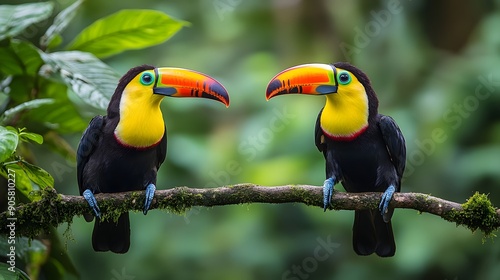 Harmony in Nature. Two Keel-billed Toucans perched on a branch amidst lush vegetation photo