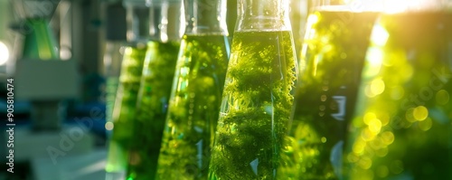 Green Algae in Glass Bottles - Laboratory Research of Sustainable Biofuel - Closeup photo