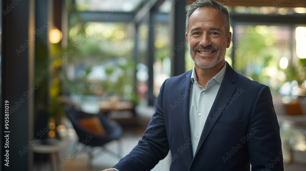 Fototapeta premium Confident Senior Businessman Smiling in a Bright Modern Office Lobby