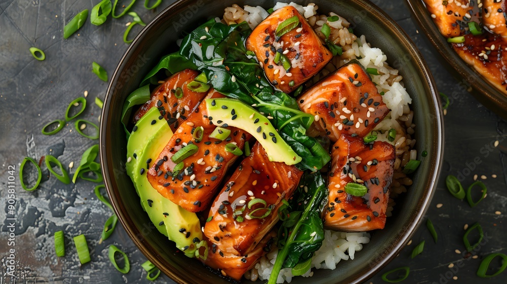 Delicious Salmon Teriyaki Rice Bowl. Fresh and flavorful Japanese dish Delicious Salmon Teriyaki Rice Bowl. Fresh and flavorful Japanese dish