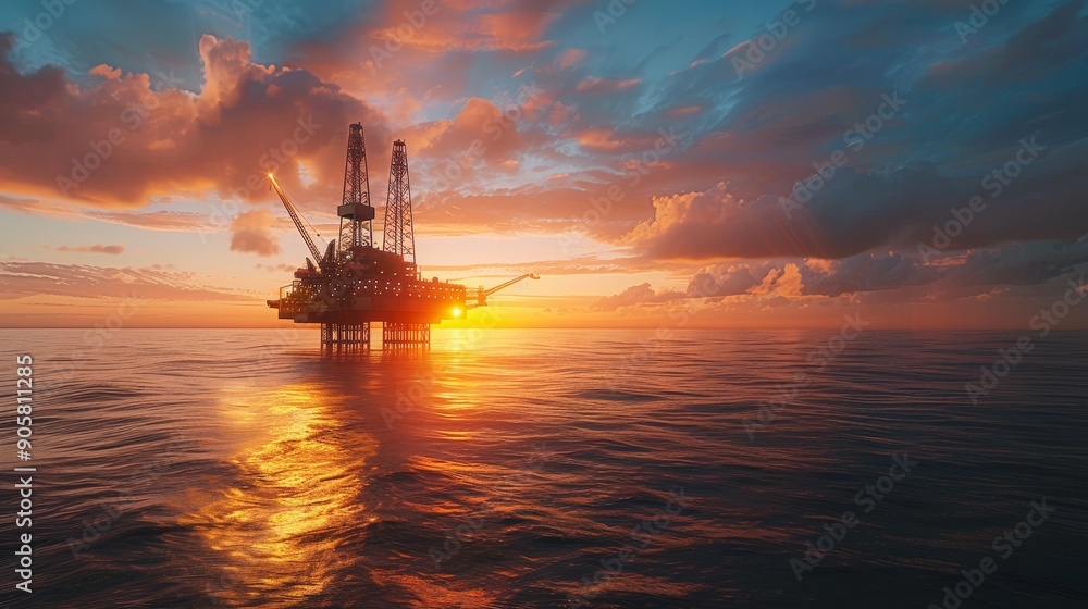 Oil Rig Silhouette at Sunset with Golden Reflections Oil Rig Silhouette at Sunset with Golden Reflections