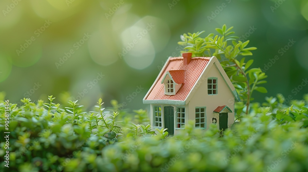 Miniature house and green shade background Miniature house and green shade background