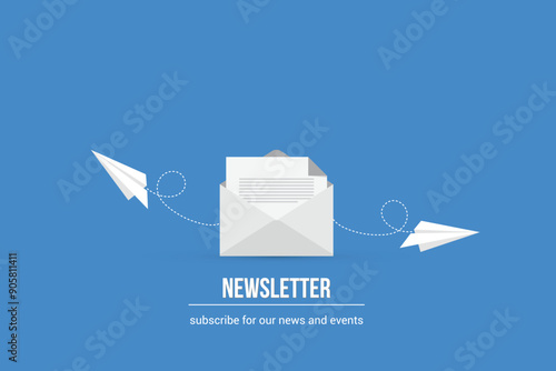Newsletter. vector illustration of email marketing. subscription to newsletter, news, offers, promotions. a letter and envelope. subscribe, submit. send by mail.	
