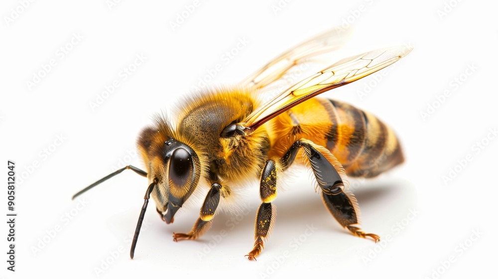 Sharp focus on a bee with pollen on its legs, isolated, clear background, designed for text and graphic overlays in commercial projects Sharp focus on a bee with pollen on its legs, isolated, clear background, designed for text and graphic overlays in commercial projects