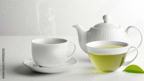 Steaming green tea cup next to a teapot, isolated on white, designed for text space