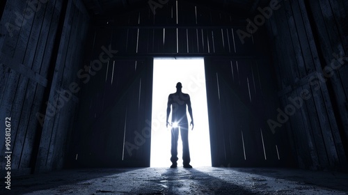 Creepy silhouette in the doorway of a decaying barn, eerie lights casting spooky shadows, with a chilling Halloween atmosphere photo