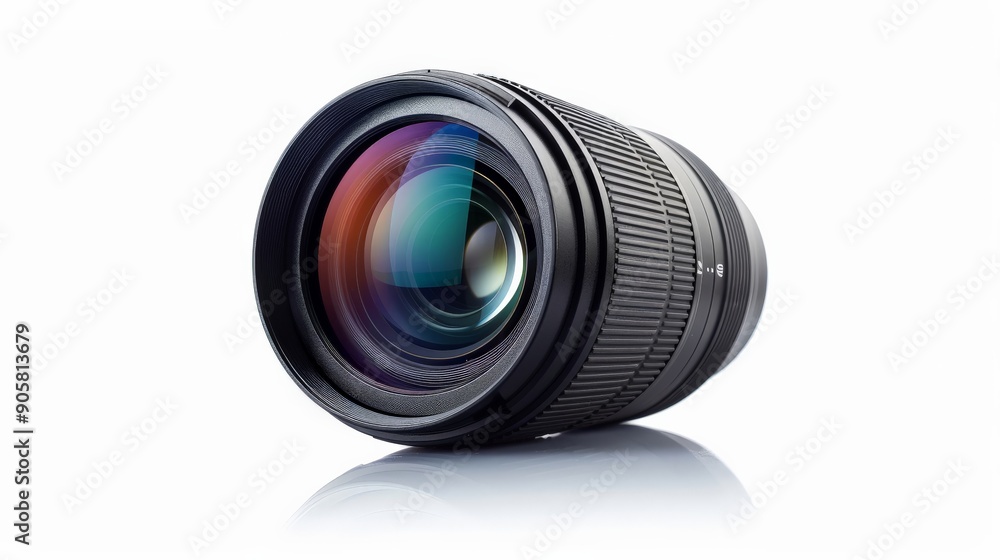 Modern camera lens with reflections on a white background Modern camera lens with reflections on a white background