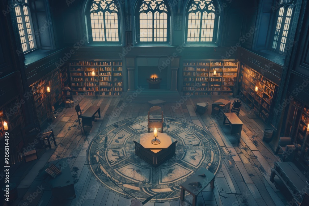 Obraz premium Study space with numerous books on shelves and a wooden table