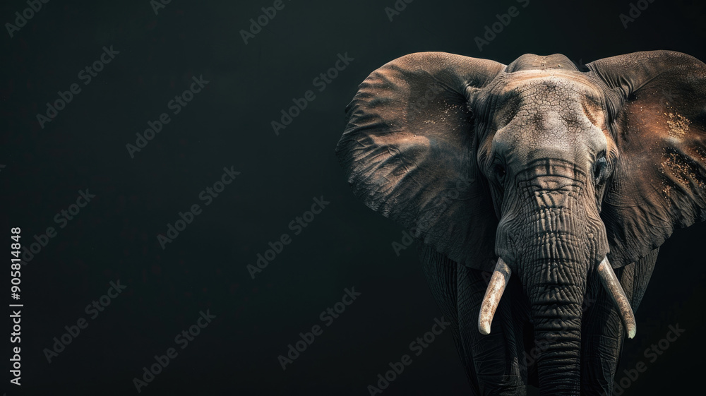 Obraz premium Close-up of majestic elephant with tusks in dark