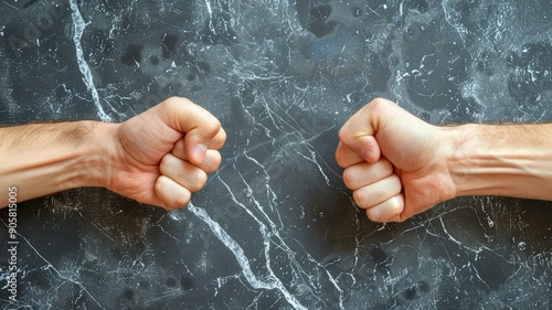 Two light-skinned male fists poised in confrontational stance on dark marbled background