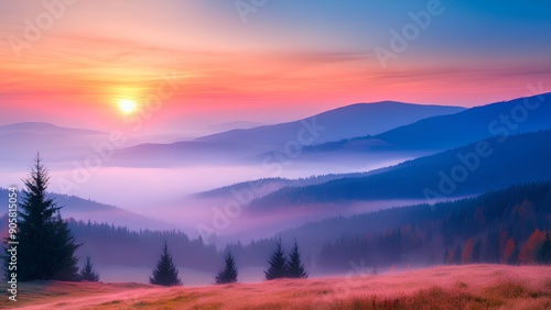 Fototapeta Naklejka Na Ścianę i Meble -  Enchanting Sunrise: Colorful Mist Over the Beskids Mountains, Poland