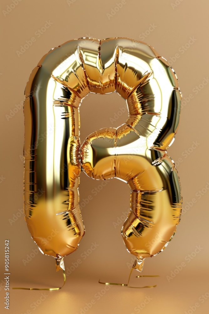A shiny gold foil balloon in the shape of the letter R, perfect for parties and celebrations A shiny gold foil balloon in the shape of the letter R, perfect for parties and celebrations