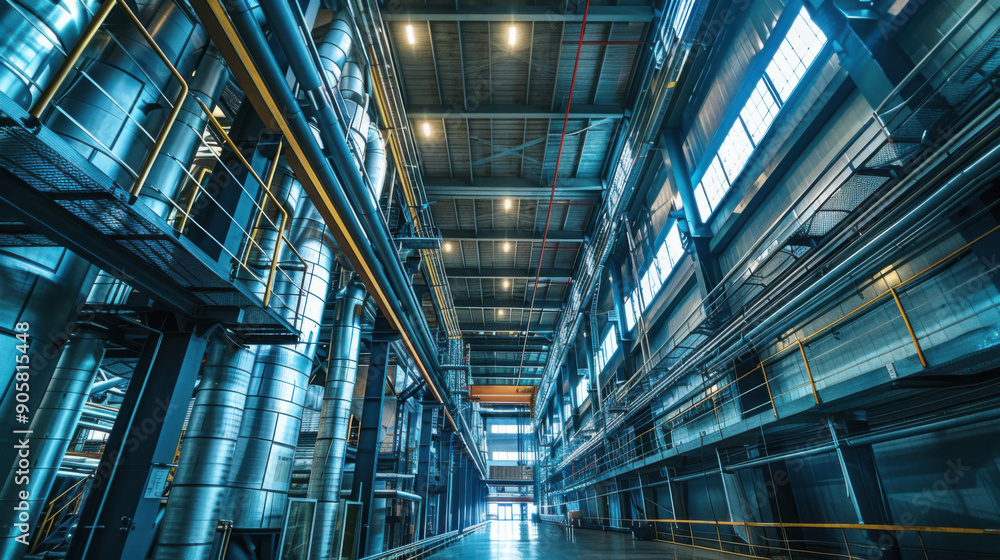 Wide-angle view of a modern industrial factory interior with tall ceilings, metal structures, and bright lighting. Wide-angle view of a modern industrial factory interior with tall ceilings, metal structures, and bright lighting.
